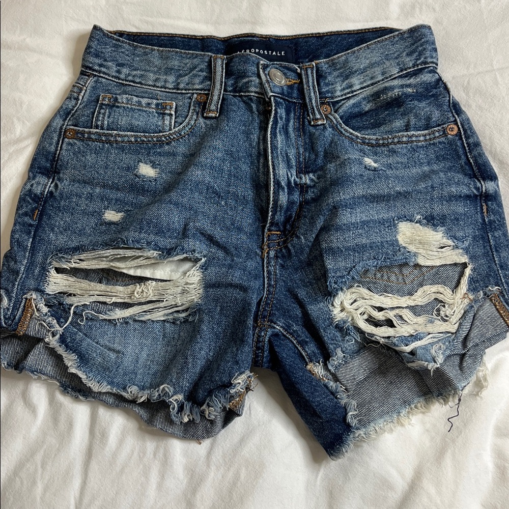Aeropostale High Waist Distressed Denim Shorts - Blue